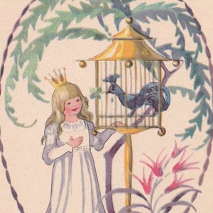 Signe Aspelin, felice anno nuovo 1920, bella cartolina d’auguri vintage Svezia, abito da bambina e bambina con uccellino in gabbia, scandinavo