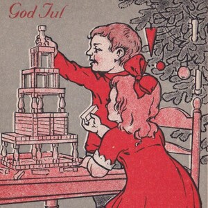 Scena infantile di Buon Natale - Bella cartolina d'auguri d'epoca 1920 - Bambola giocattolo in legno per bambine - albero regalo di moda Artista firmato AA
