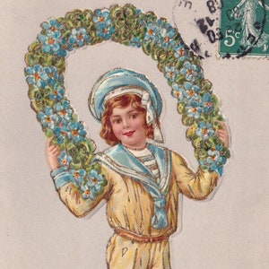 Gelukkige nieuwjaarswensen - mooie Franse vintage oude ansichtkaart met reliëf 1908 - zeemansjongen klaver en bloemenslinger Myosotis - cadeaubon