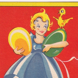 Glad Påsk / Happy Easter 1936 - Artsit GECE bella vecchia cartolina svedese - Ragazza e pulcino uovo gigante abito vintage - art deco scandinavo