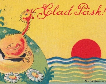 Glad Påsk / Happy Easter 1930s - Lovely old small swedish greeting postcard Beckman - egg chick birth spring countryside - vintage graphics