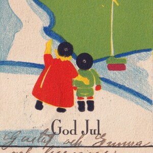 Margit Holmberg - Vecchia piccola cartolina vintage svedese di Buon Natale degli anni '30 - Bambino inverno neve passeggiata paesaggio sole - art deco scandinavo
