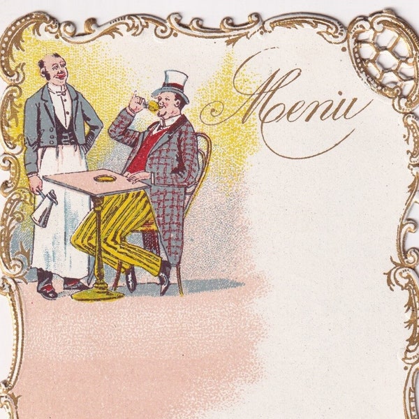 Exceptionnel ! Bordure découpée à la forme menu - Carte professionnelle française victorienne 1890 chocolat Ibled Paris - Table de restaurant homme à boire - Chromo vintage