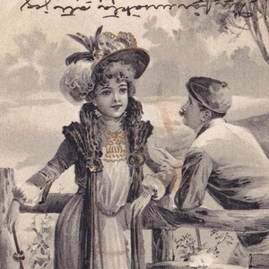 Portrait de jeune fille à la campagne - Belle ancienne carte postale d'artiste illustrée de 1903 - Dame élégante, robe tendance, amour de la nature - Art nouveau vintage