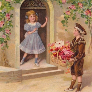 Parabéns 1915 - Lindo cartão postal antigo de saudação sueca em relevo - Buquê de flores para crianças, menina, marinheiro, menino - presente escandinavo vintage