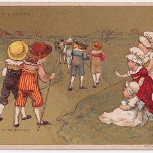 il tour della Francia - Bella carta commerciale vittoriana francese 1895 - Au Bon Marché Paris - Amore per la moda delle bambine - Stile vintage Kate Greenaway