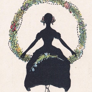 Öllegård - Happy Summer Wishes - Belle ancienne carte postale d'artiste suédois 1915/20 - Cadeau guirlande de fleurs pour amoureux de la silhouette - Art déco vintage