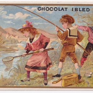 Seltene Erhaltung! Humor / Angeln - Französische viktorianische Handelskarte 1895 Schokolade Ibled Paris - Kindermode Angeln - Vintage Chromo Minot
