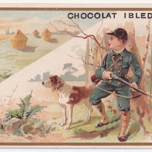 Top Zustand! Hunter - Französische viktorianische Handelskarte 1895 Schokolade Ibled Paris - Landschaft Jagdhund am Meer - Vintage chromo Minot