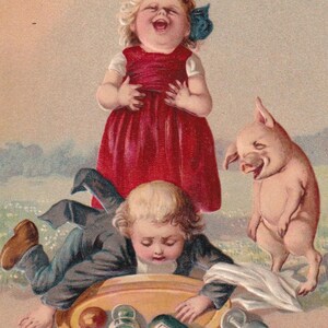 In rilievo - Auguri di buon anno 1915 - Bella vecchia cartolina vintage svedese - Bambini altopiano incidente maiale fungo risata - regalo moda