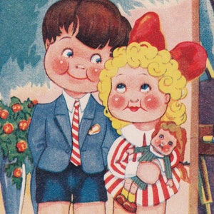 Condizione superba - Könni - Bella cartolina della Norvegia 1940/50 - I bambini amano la bambina bambola giocattolo innamorata - Ephemera