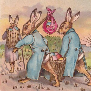 Coniglio umanizzato / Buona Pasqua - Bella cartolina antica dorata del 1905 - Passeggiata in campagna con cesto di uova - effimera di cartoline d'epoca antropomorfiche