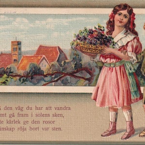 Salutations / amour 1914 - Belle carte postale suédoise ancienne en relief - Fille rose rosier fleurs - cadeau carte Enfantina vintage scandinave