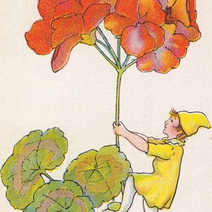 Congratulazioni anni ’20, bella vecchia cartolina d’auguri svedese, ragazza folletto, fiori giganti che si arrampicano, natura per bambini, biglietto d’auguri vintage