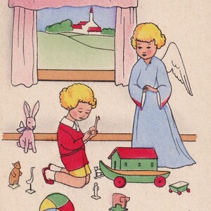 Mooie ansichtkaart illustrator Benjamin c. 1950 - Meisje kind engel kinderspeelgoed spelletjes pluche boot ballon - vintage ansichtkaart ephemera