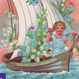 Salutations / Artiste non signé - Belle carte postale vintage Suède des années 1915 - Bateau fille cadeau fleurs Rose - Mode Myosotis Belle Epoque