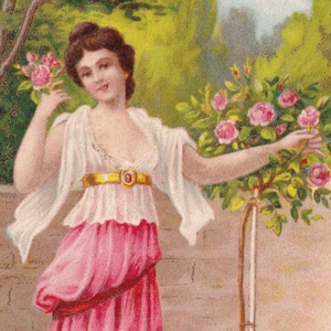 Saluti 1905 - Bella cartolina Art Nouveau vecchia Svezia - Ritratto di giovane donna con fiori di rosa moda - cartolina vintage Deco cromo-litografia