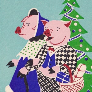 Incroyables cochons humanisés - Voeux de Noël et du Nouvel An - Carte postale vintage d'artiste des années 40 en Suède - Amateurs d'arbres cadeaux d'anthropomorphisme scandinave