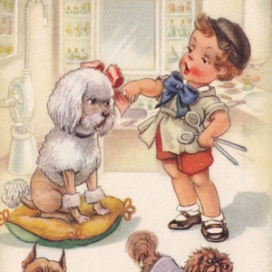 Chez le toiletteur - Carte postale ancienne d'illustrateur suédois drôle de 1945 - Animaux humoristiques - Chiot caniche bouledogue, chiot - Salon de coiffure vintage éphémère