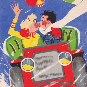 Katinka - Amoureux de l'automobile d'hiver - Rare carte postale ancienne vintage Suède 1936 - Love Man & woman Artist carrosse - Éphémères Art déco scandinave