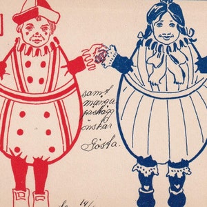 Elsa Hammar / Joyeuses Pâques 1906 - Carte postale ancienne suédoise étonnante - Enfants habillés d'oeufs avec des signes - Art vintage de déguisement de surréalisme