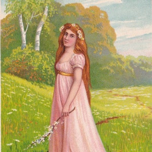Portrait de femme Belle Epoque - carte postale ancienne Suède 1903 - mode vintage Jeune fille beauté chromo nature campagne - Art nouveau