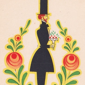 Einar Nerman não assinado - Desejos de feliz ano novo - Excelente cartão postal vintage da Suécia 1925/30 - Art Déco escandinavo - Presente de flor para homem elegante