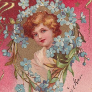 Portrait de jeune fille fleurs de Myosotis - Belle carte postale d'artiste ancienne 1904 - Belle époque nature chérubin Cupidon - Carte vintage Art nouveau