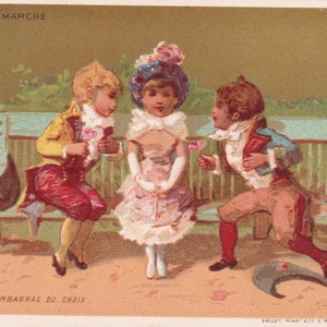 Mimado para a escolha - Lindo anúncio de cartão de comércio vitoriano de 1890. Au Bon Marché Paris - Diretório infantil era Love dress fashion lover chromo