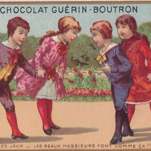 Juego para niños / Caballeros guapos - Preciosa tarjeta comercial victoriana francesa 1895 - Guerin Boutron Paris - parque de moda para niñas - Vintage Minot