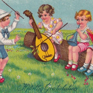Félicitations Années 30 - Belle carte postale ancienne de Suède - Cadeau fleurs mode orchestre groupe de musique pour filles - Carte vintage