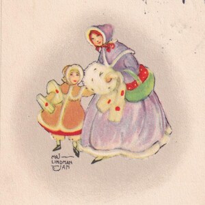 Hiver Mère et fille / Joyeux Noël 1926 - Belle petite carte postale suédoise vintage Maj Lindman-Jan - Robe Art Déco à la mode scandinave