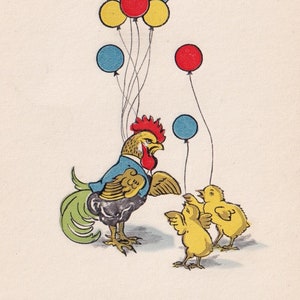 Joyeuses Pâques - Belle carte postale suédoise antique des années 1935 - Jeu de ballons poussin coq humanisé - Carte de voeux vintage anthropomorphisme éphémère