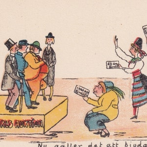 Hedvig Rosendahl - Humoristische Liebesszene 1920er Jahre - Lustiger schwedischer Gruß alte Postkarte - Frau Auktion Junggesellenabschied -skandinavischer Vintage