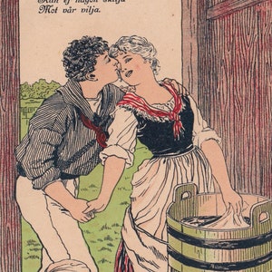 Amanti scandinavi della campagna - Rara cartolina antica Svezia 1905 - L'artista ha firmato Jenny Nyström - La moda ama il lavaggio - Carta effimera vintage