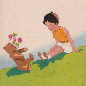Feliz cumpleaños década de 1930 -Encantador saludo postal antigua de Francia -Osito de peluche rosa regalo Niña flores moda tarjeta vintage Art Déco