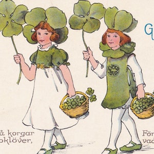 Signe Aspelin - Bonne année 1915 - Belle carte postale vintage Suède - Trèfle à quatre feuilles Robe à fleurs scandinave Art nouveau