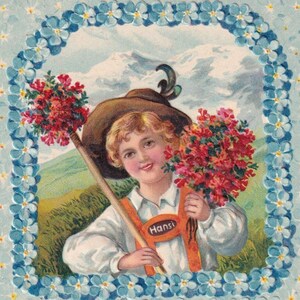 Saudações 1915 - Lindo cartão postal antigo de saudação sueca em relevo - Montanha do Tirol Flores para crianças presente e padrão Myosotis natureza - efêmera vintage