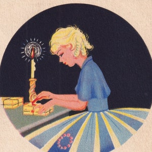 Souhaits de Noël et du Nouvel An 1938 -Petite carte postale de vœux suédoise vintage -Fille scellant paquet cadeau cire Art Déco robe mode scandinave