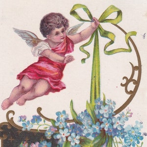 À ma Saint-Valentin - Belle carte postale ancienne en relief des années 1910 - Petit ange amoureux panier de fleurs myosotis chérubin - Enfant cupidon vintage