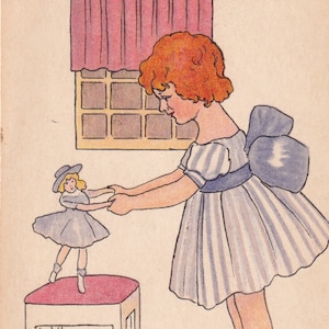 Ragazza che gioca con la bambola ballerina - Bellissima illustratrice di cartoline vintage Erna Heinberg 1920 - Gioco di moda vestito da gioco - vecchia bambina effimera Enfantina
