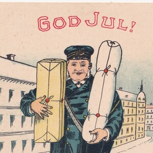 Tage Nilsson -Buon Natale 1910 -Incredibile vecchia cartolina vintage svedese - Pacchetto regalo postino Post Winter City Artista firmato -scandinavo