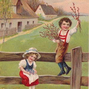 Congratulazioni anni '20 - Bella cartolina d'epoca dalla Svezia - Amore in campagna Bambini rami primaverili regalo moda per ragazza