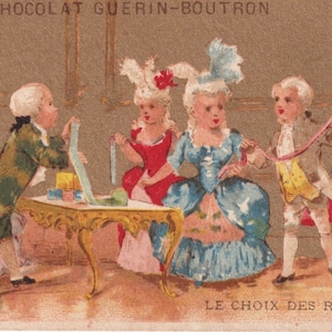 La elección de las cintas - Preciosa tarjeta comercial victoriana francesa Guerin Boutron Paris 1895 Champenois - elegante vestido de moda para niña sirviente Vintage