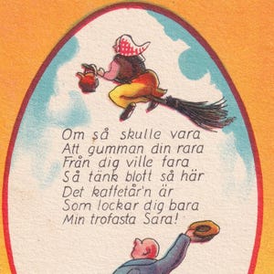 Glad Påsk / Buona Pasqua 1935 - Bella vecchia cartolina d'auguri svedese - Donna strega che vola con la scopa scandinava - Artista di moda vintage