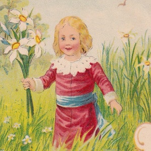 Felice Pentecoste 1905 - Bella vecchia cartolina di auguri svedese - Bambino prato fiori campagna estate - Thorvald Rasmussen non firmato vintage