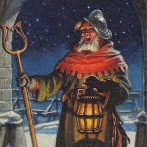Deseos de feliz año nuevo 1937 - Preciosa postal antigua de saludo sueco vintage - Curt Nyström - Guardia y linterna medianoche invierno - escandinavo