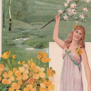 Portrait de femme Belle Epoque - Belle carte postale Suède 1905 - Mode vintage fleurs dame fille beauté chromo nature campagne - Art nouveau
