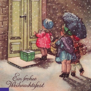 Artist Unsigned - Vrolijk kerstfeest 1938 - Mooie Duitse wenskaart - Elegante kinderen familie cadeaupakketten wintersneeuwlandschap - vintage kunst