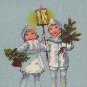 Feliz Año Nuevo desea 1932 - Preciosa postal antigua de Alemania - Elegante invierno niños niñas árbol y linterna regalo de nieve - tarjeta vintage efímera
